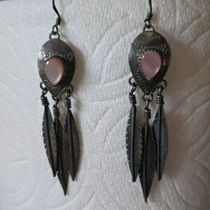 R.H. 925 STERLING SILVER MOTHER OF PEARL NATIVE AMERICAN FEATHER DANGLE EARRINGS